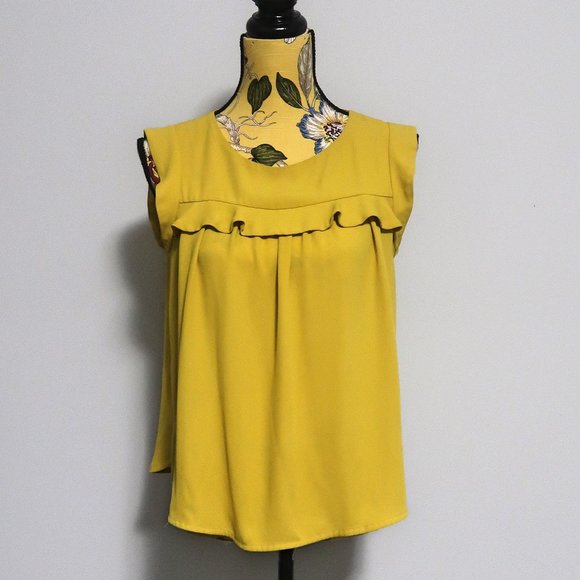 LOFT Mustard Yellow Ruffle Shell Blouse SP - Picture 2 of 7